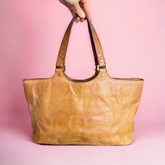 Tory Burch Bombe Tan Glazed Leather Handbag Zip Top Tote - Picture 3 of 9